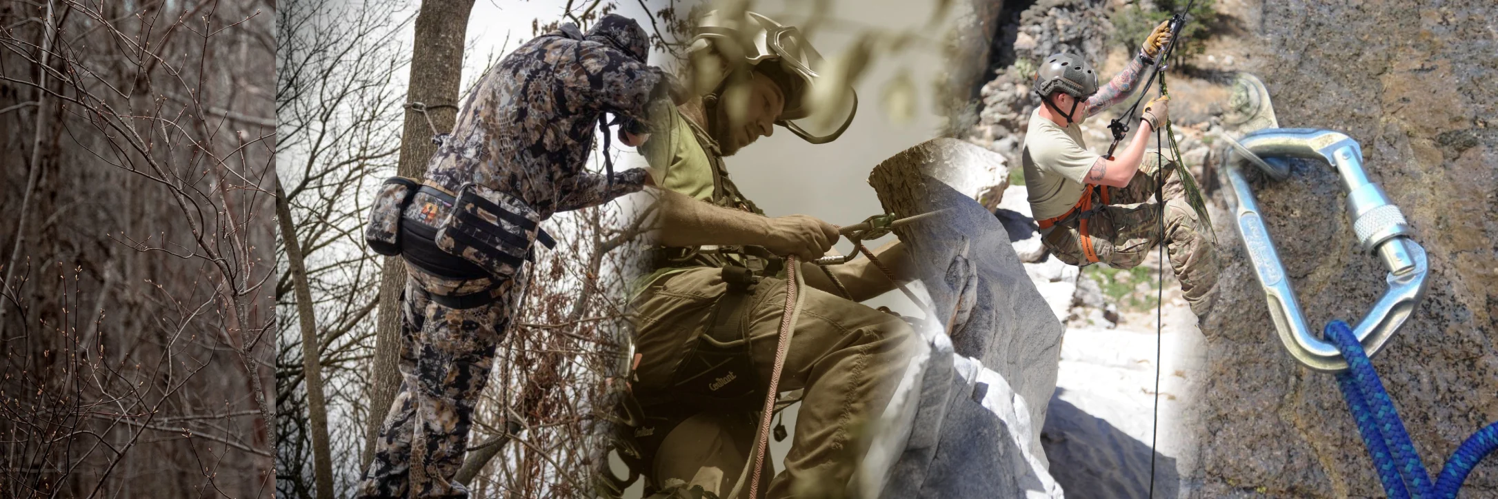A hunter using an Ape Canyon saddle in a tree, a real arborist working in a tree, a real pararescue training photograph, and a real Omega Pacific carabiner